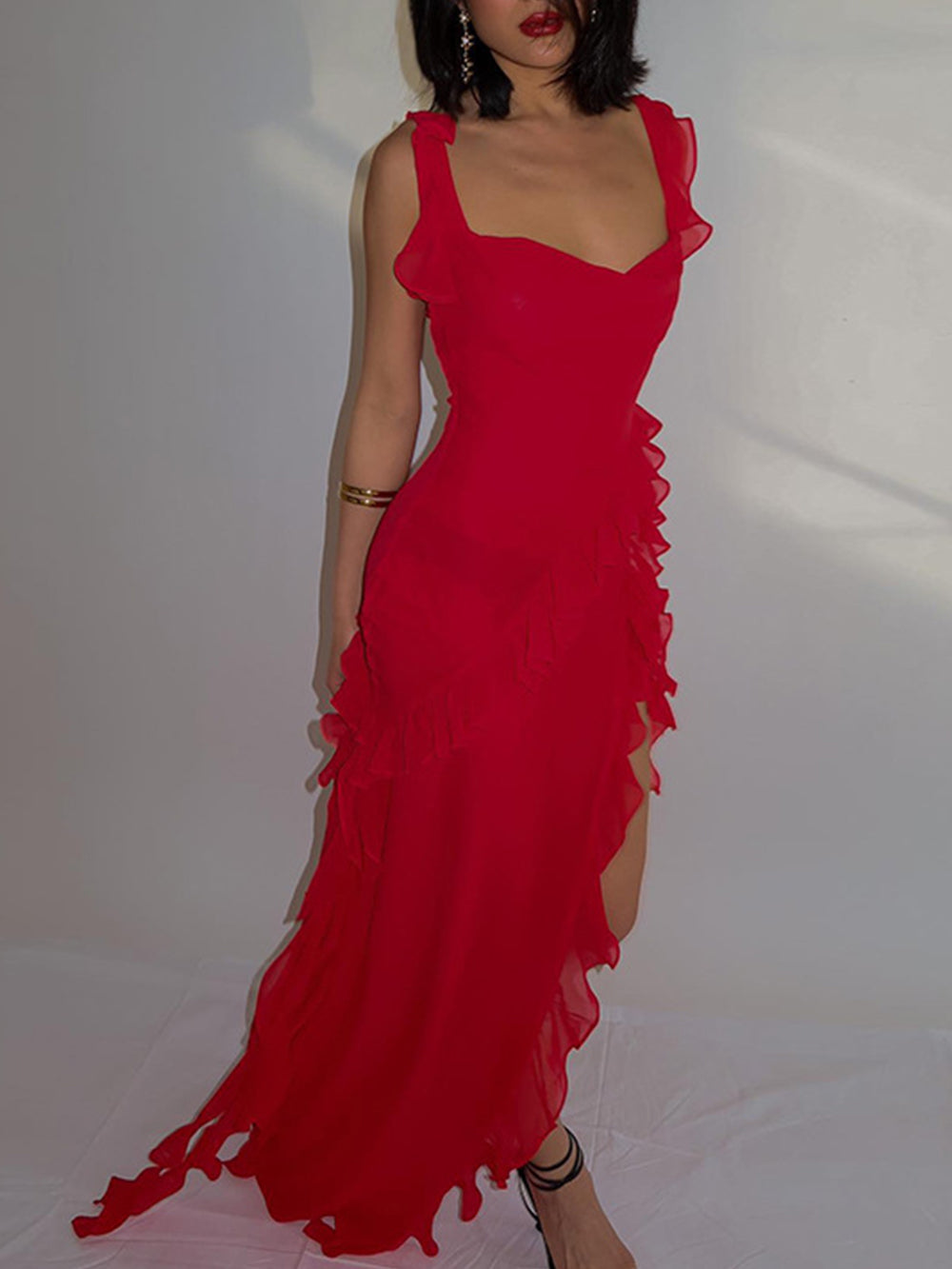 Chiffon Square Neck Ruffle High Split Maxi Dress - View 7