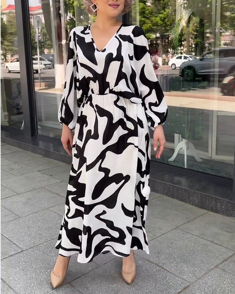 Abstract Print V-Neck Long Sleeve Tiered Maxi Dress