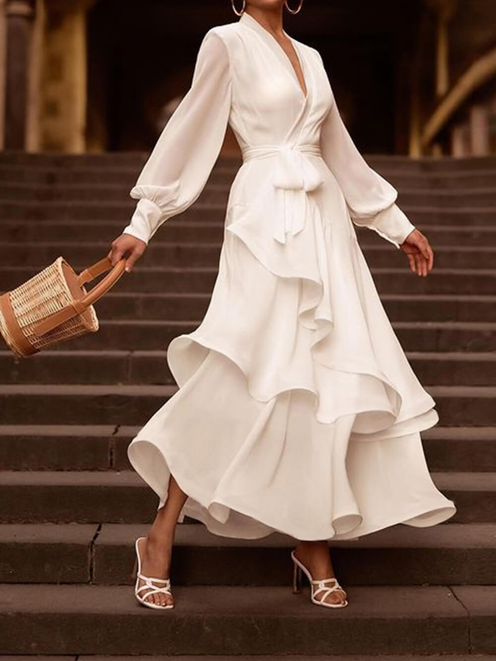 Wrap Deep V-Neck Bishop Sleeve Tiered Ruffle Maxi Dress