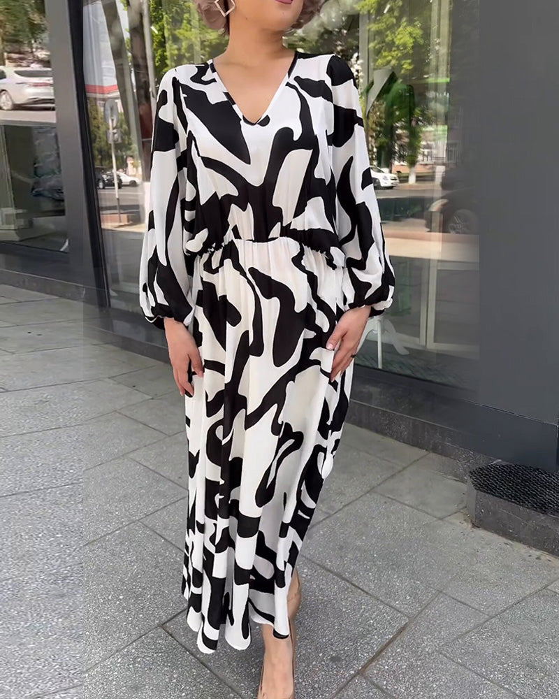Abstract Print V-Neck Long Sleeve Tiered Maxi Dress