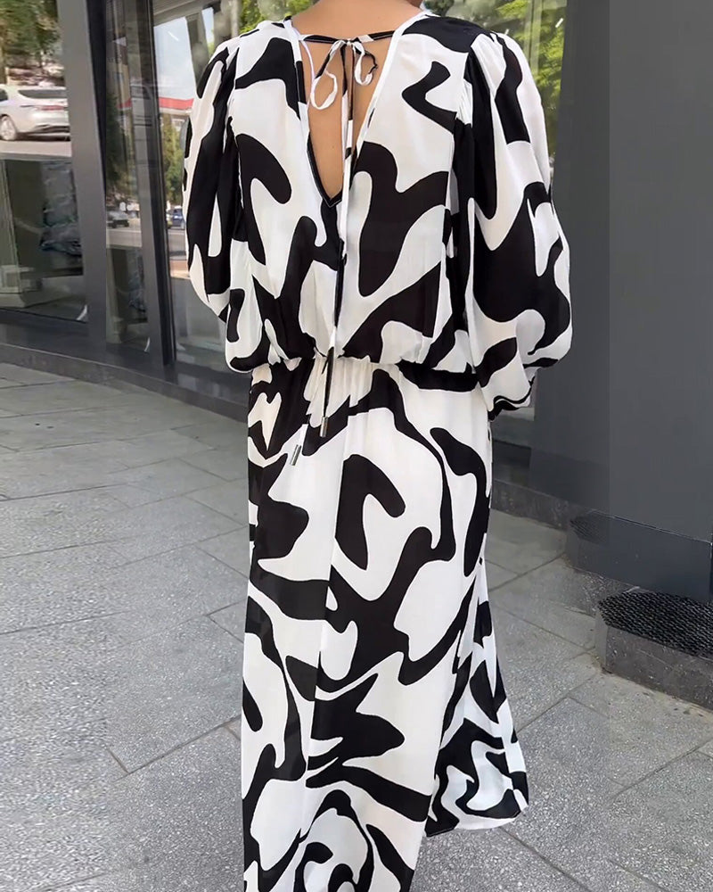 Abstract Print V-Neck Long Sleeve Tiered Maxi Dress