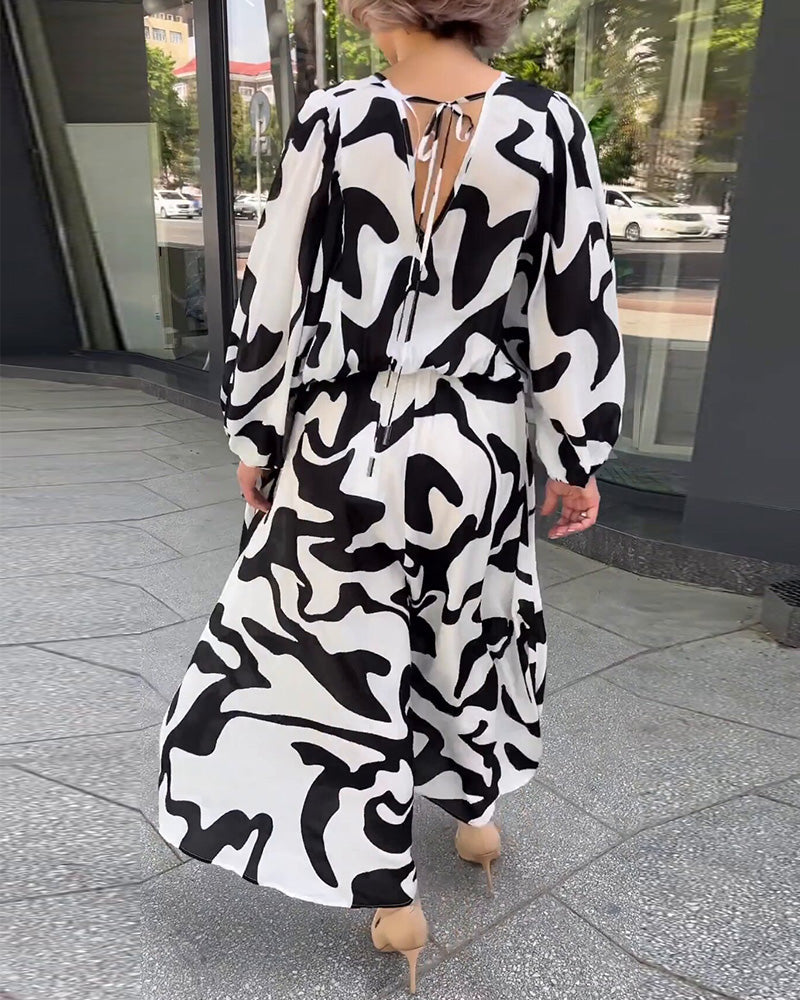 Abstract Print V-Neck Long Sleeve Tiered Maxi Dress