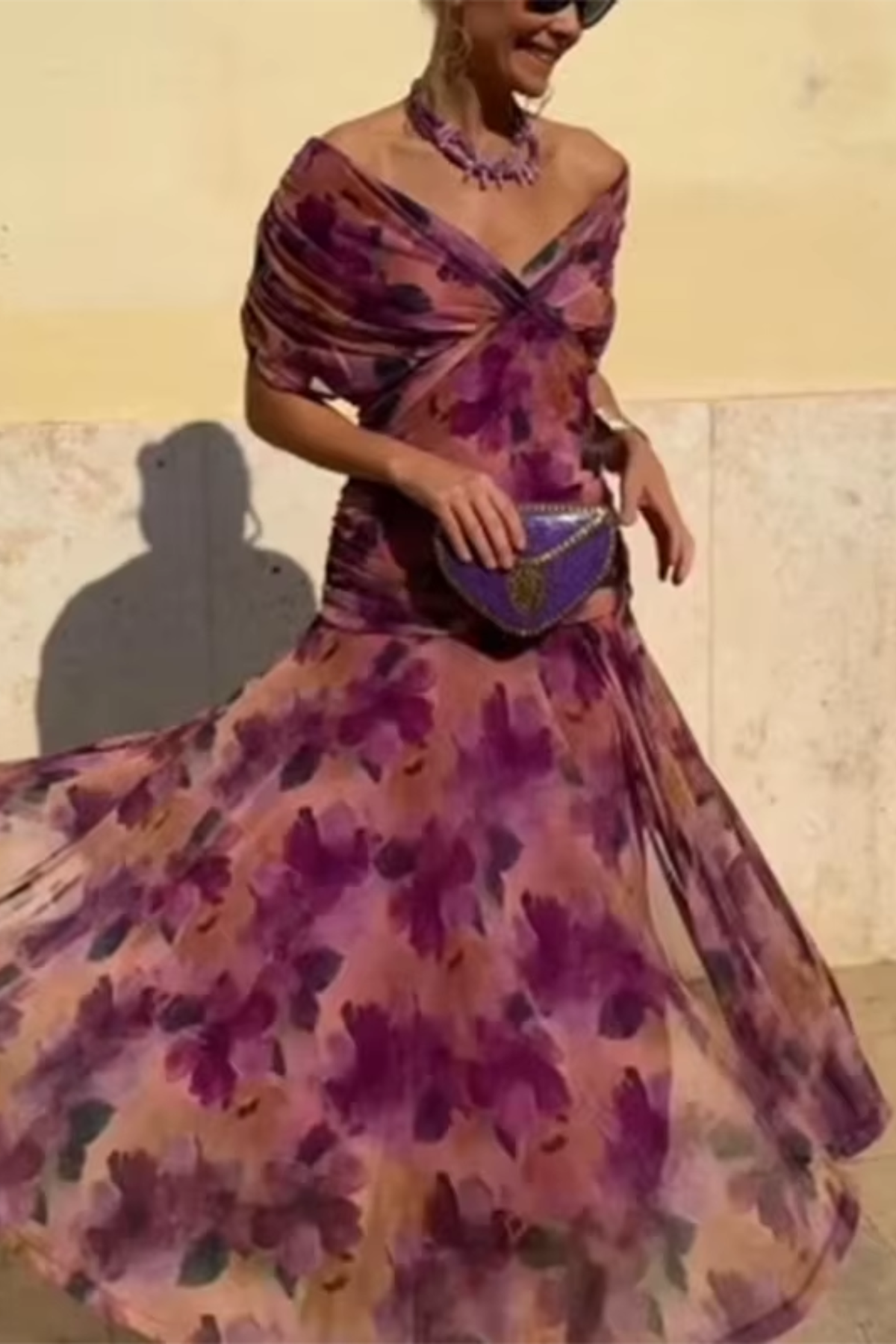 Floral Print Off Shoulder Twist Front Pleated Maxi Dress 3