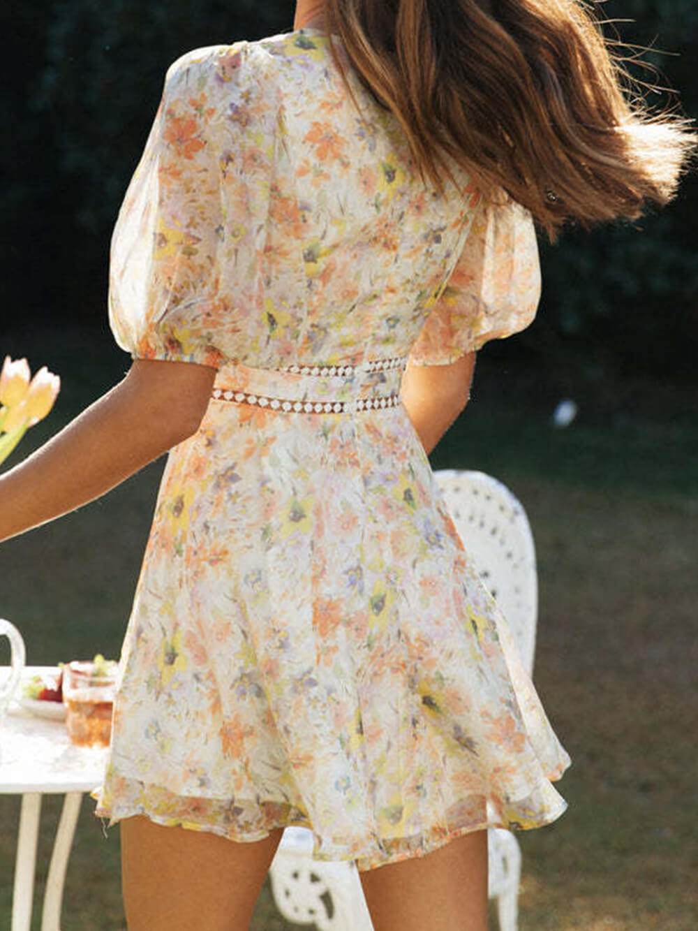 Chiffon Printed V - Neck Puff Sleeve Mini Dress - View 2