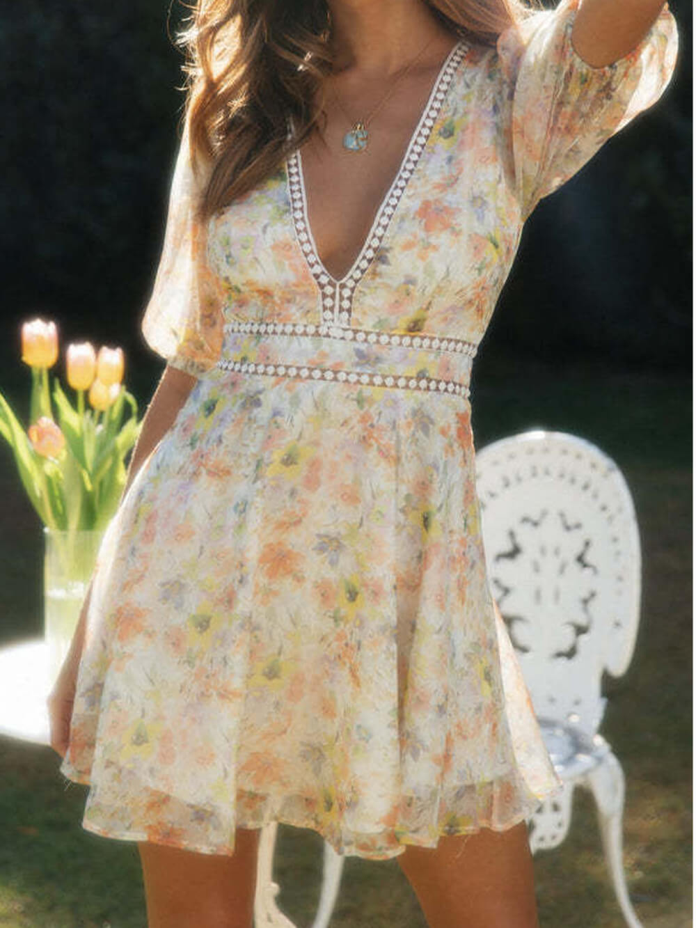 Chiffon Printed V - Neck Puff Sleeve Mini Dress - View 5