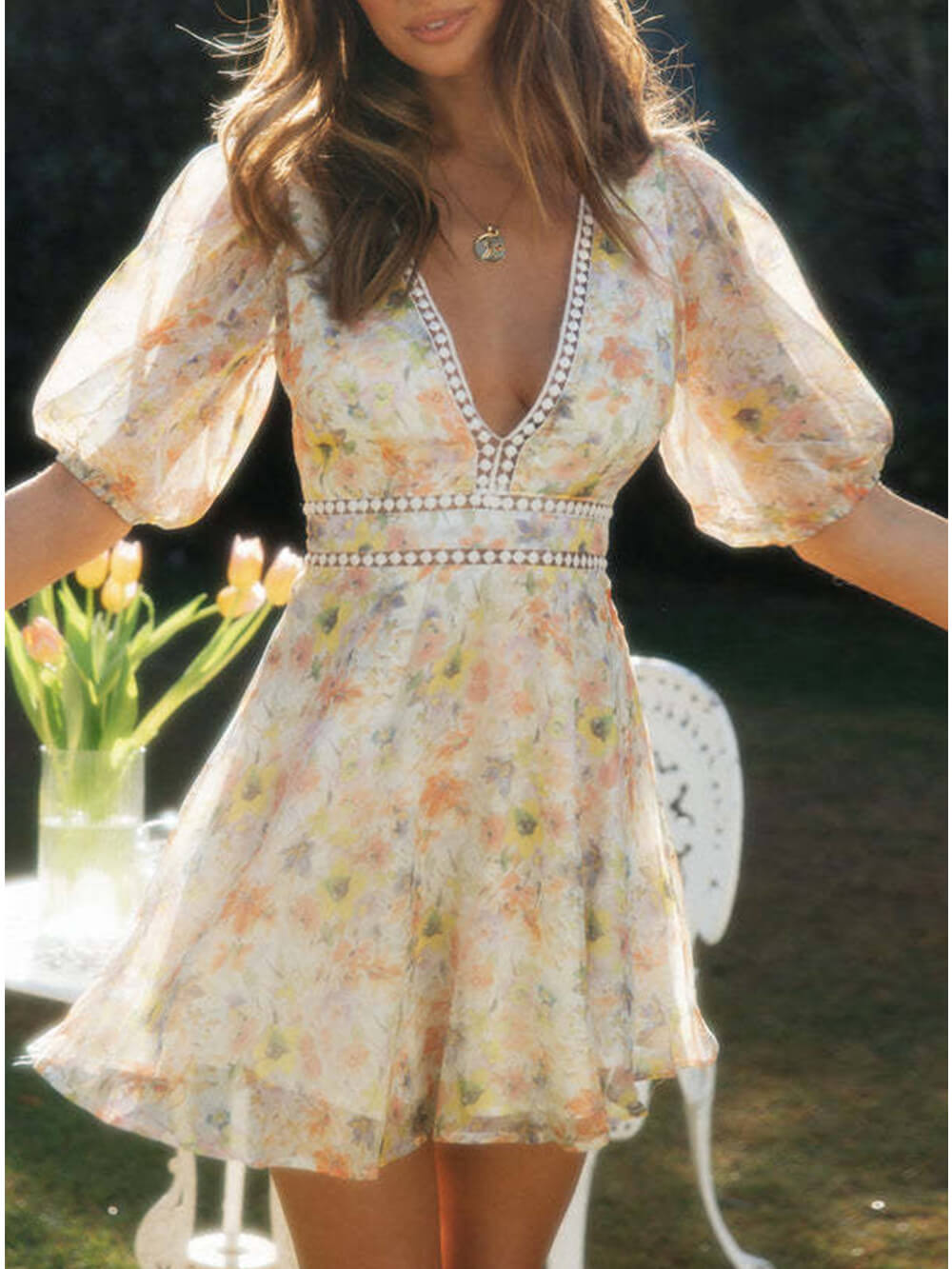 Chiffon Printed V - Neck Puff Sleeve Mini Dress - View 4