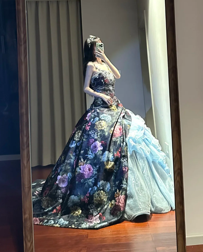 Unique Strapless Satin Print Floral Tulle Sequin Sweet 16 Dress Formal Quinceanera Dress D1699