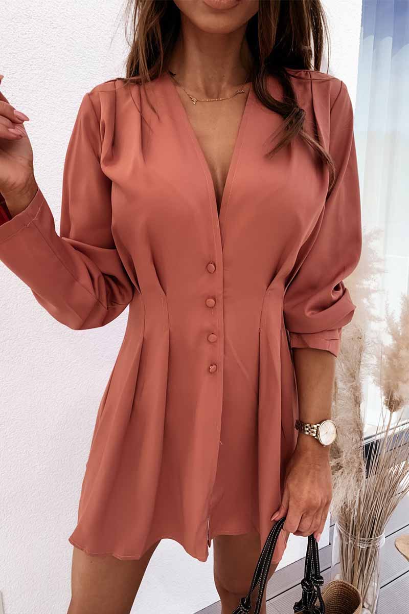 Florcoo V-neck Button Long Sleeve Mini Dress