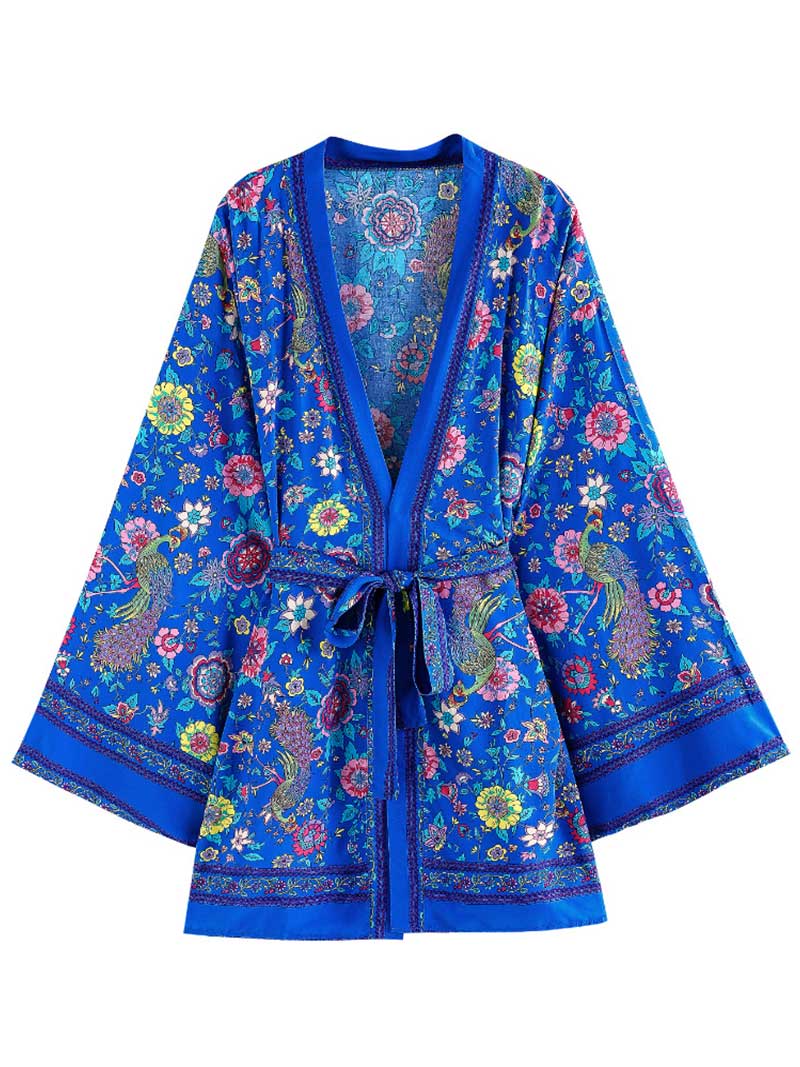 Birthday Wear Cotton Floral Blue Color Printed Kimono Gown Duster Robe - Fashionpara