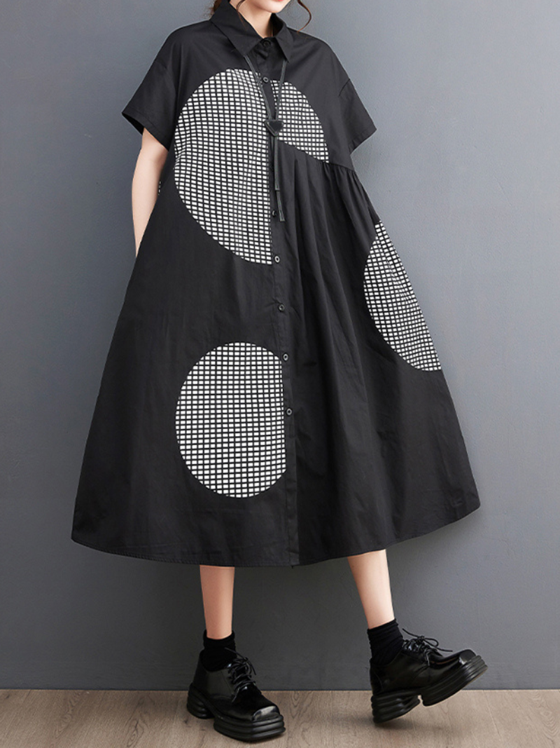 Checked Dot Collared Short Sleeve A-Line Midi Dress