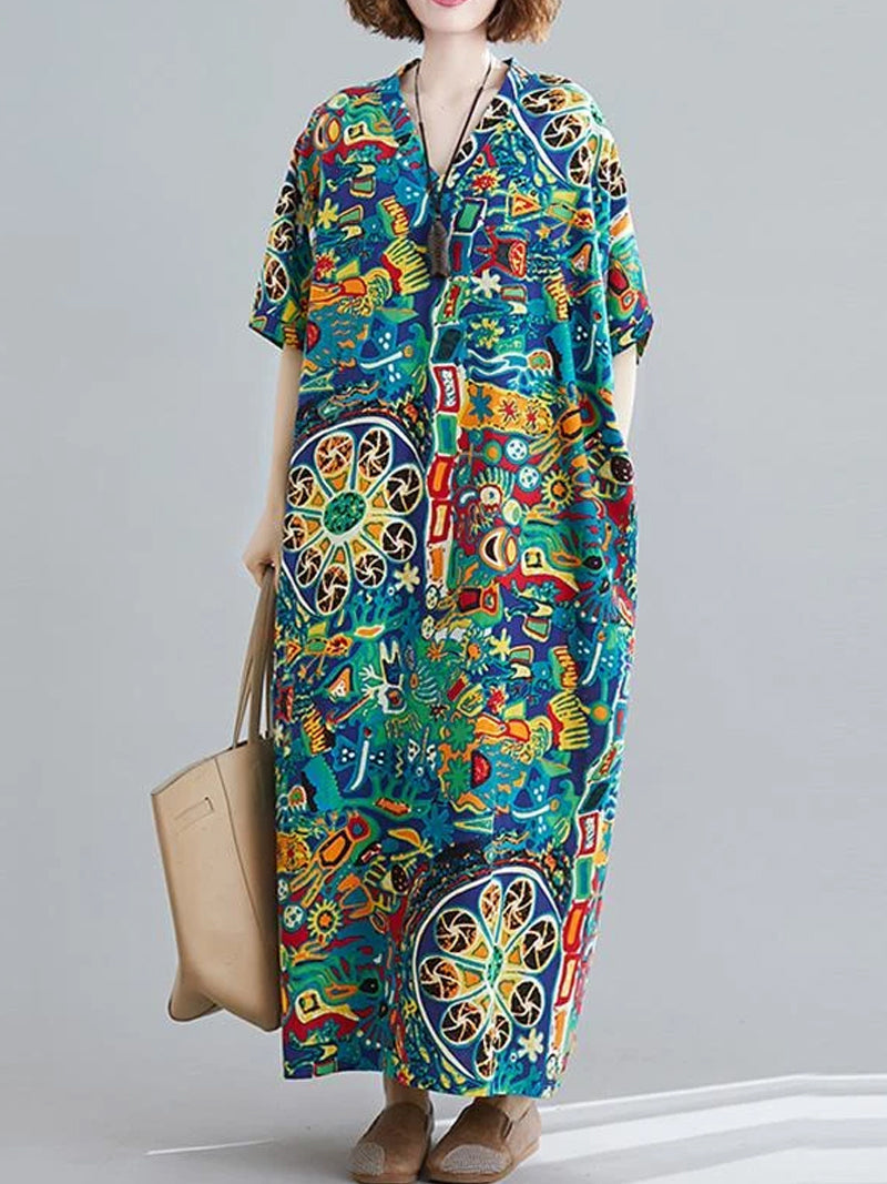 Printed V-Neck Short-Sleeve Kaftan Maxi Dress