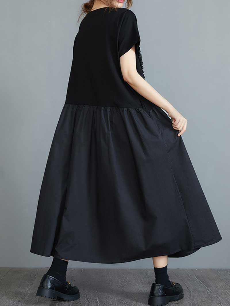 Frill-Trim Round Neck Short Sleeve A-Line Midi Dress 2