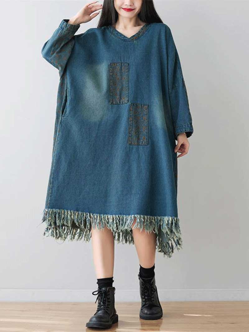Patchwork Pocket V-Neck Long Sleeve Frayed-Hem Midi Dress 8