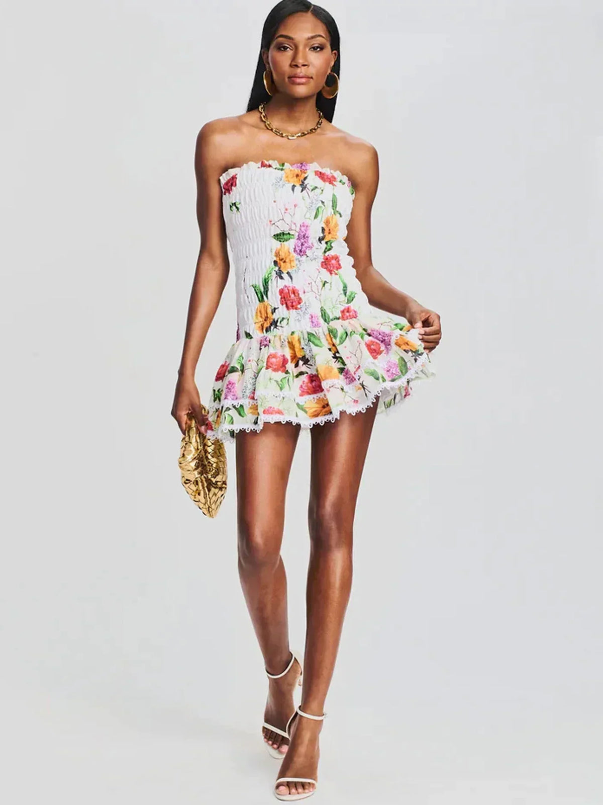 Ruched Stretch Bustier Lace - Trim Mini Dress