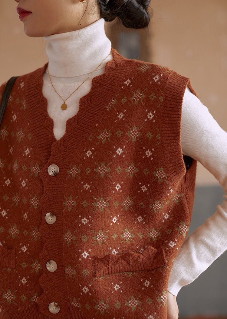 KittenAlarm - Floral Design Vintage V-Neck Vest Sweater