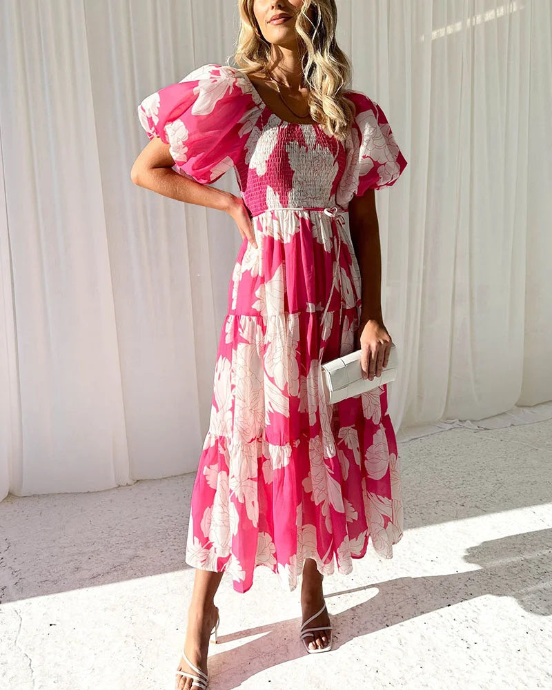 Elegant printed one-shoulder puff-sleeve dress - Fashionpara