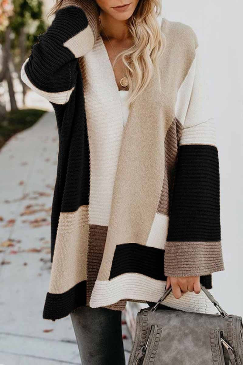Florcoo Color Block Loose Geometric Sweater Cardigan