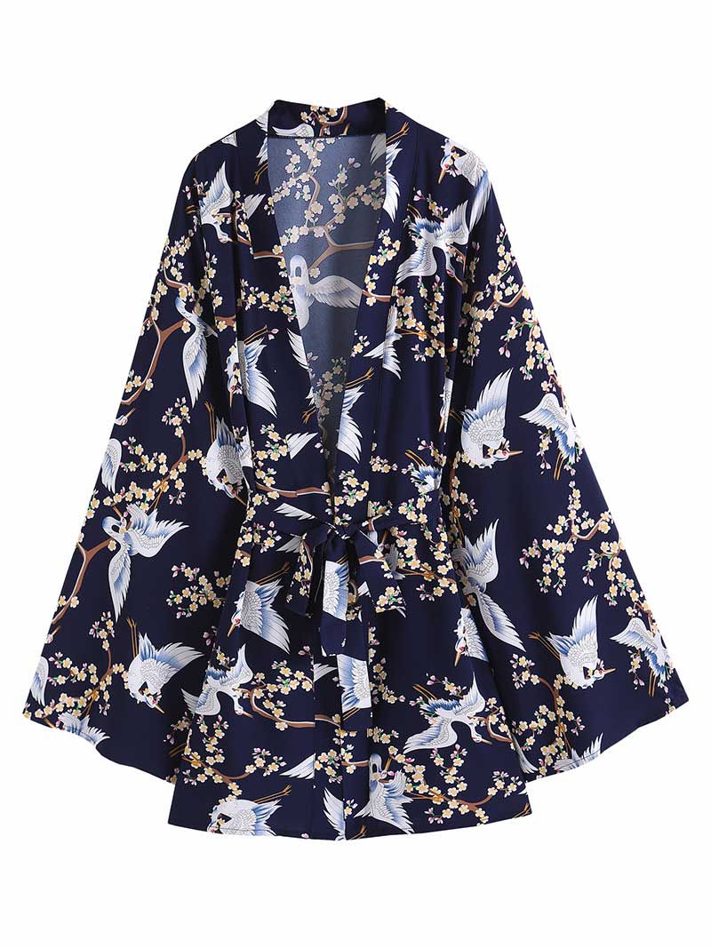 Party Wear Birds Print Dark-Blue Color Polyester Short Length Gown Robe Kimono Duster Robe