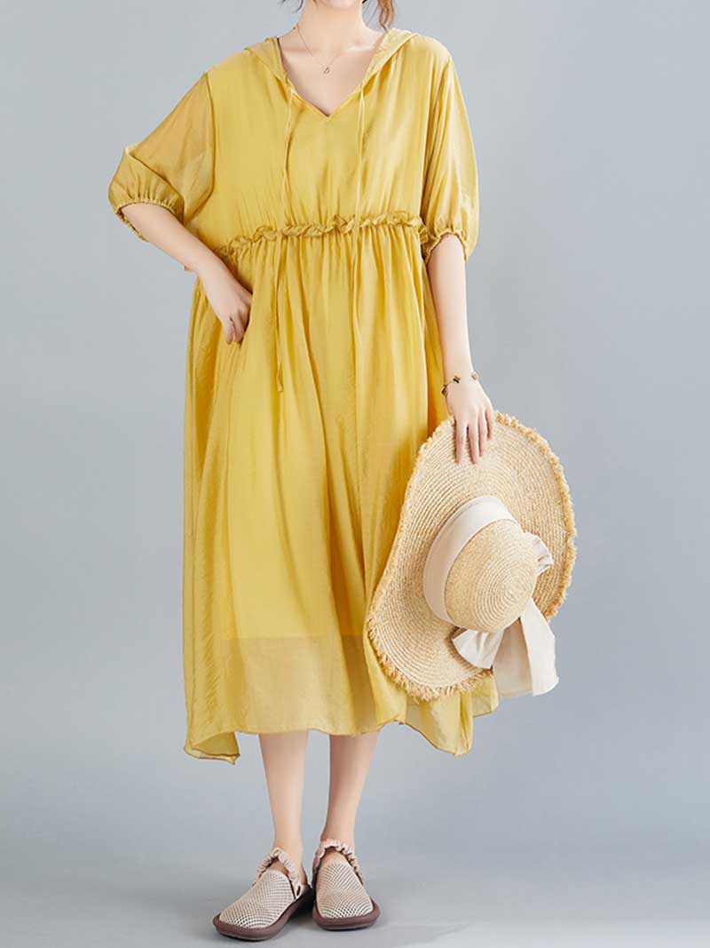 Plain Cotton Short Sleeves Hooded Style A-Line Dress 10