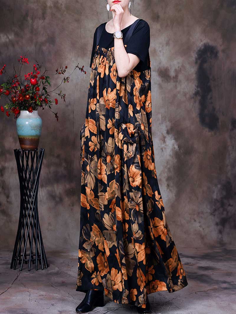 Always Glowing Printed Pleated Pocket Maxi Salopette Dress - Fashionpara