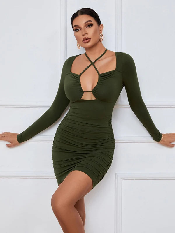 Cross Front Cut Out Long Sleeve Ruched Mini Dress 6