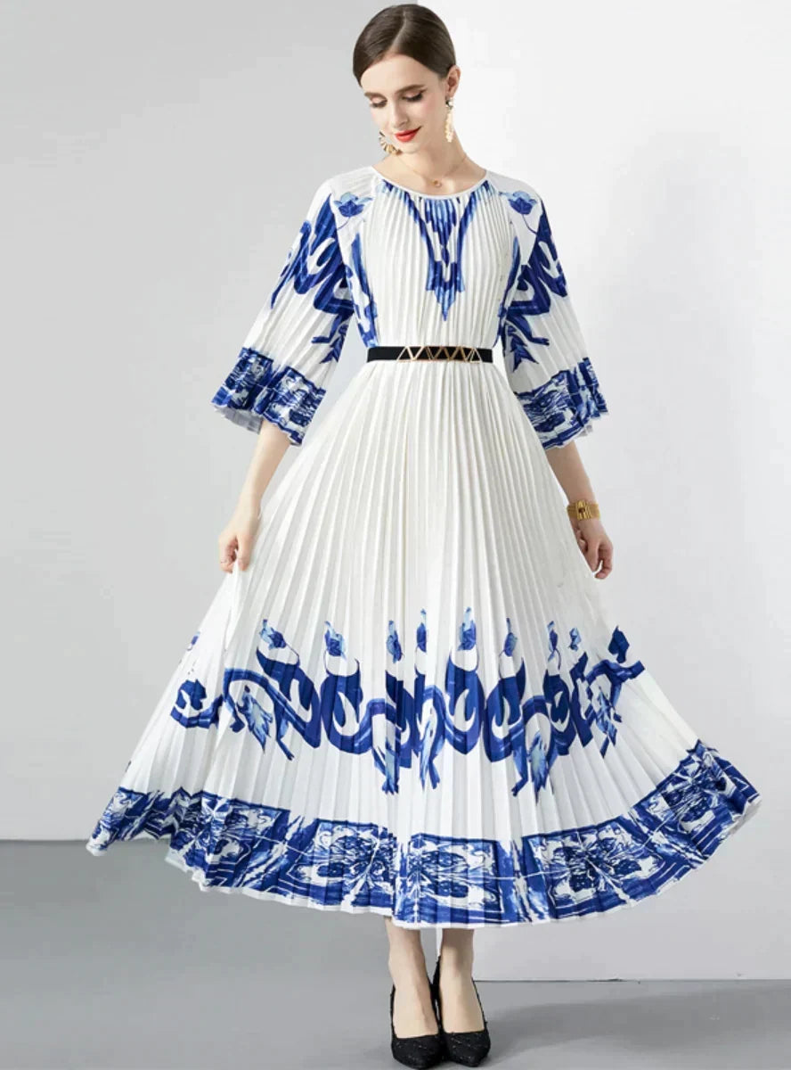 Pleated Print Flare Sleeve Belted Maxi Dress 3
