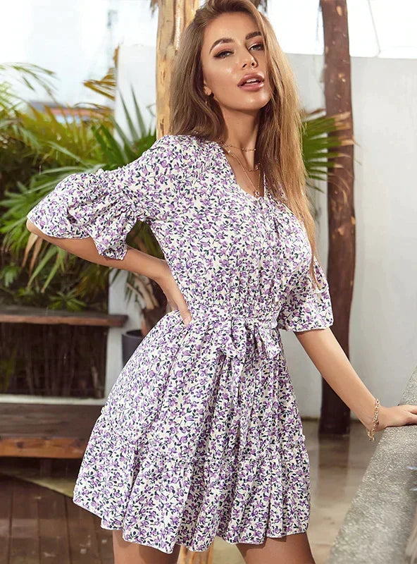 Ditsy Floral Flare Sleeve Tiered Mini Dress 2
