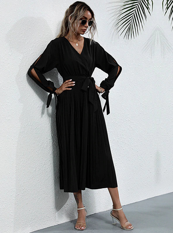 V-Neck Split Sleeve Tie Waist Pleated Wrap Midi Dress