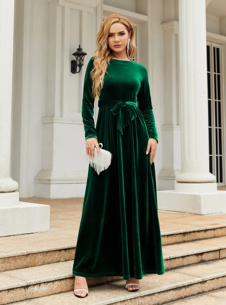 Velvet Round Neck Long Sleeve Belted A-Line Maxi Dress