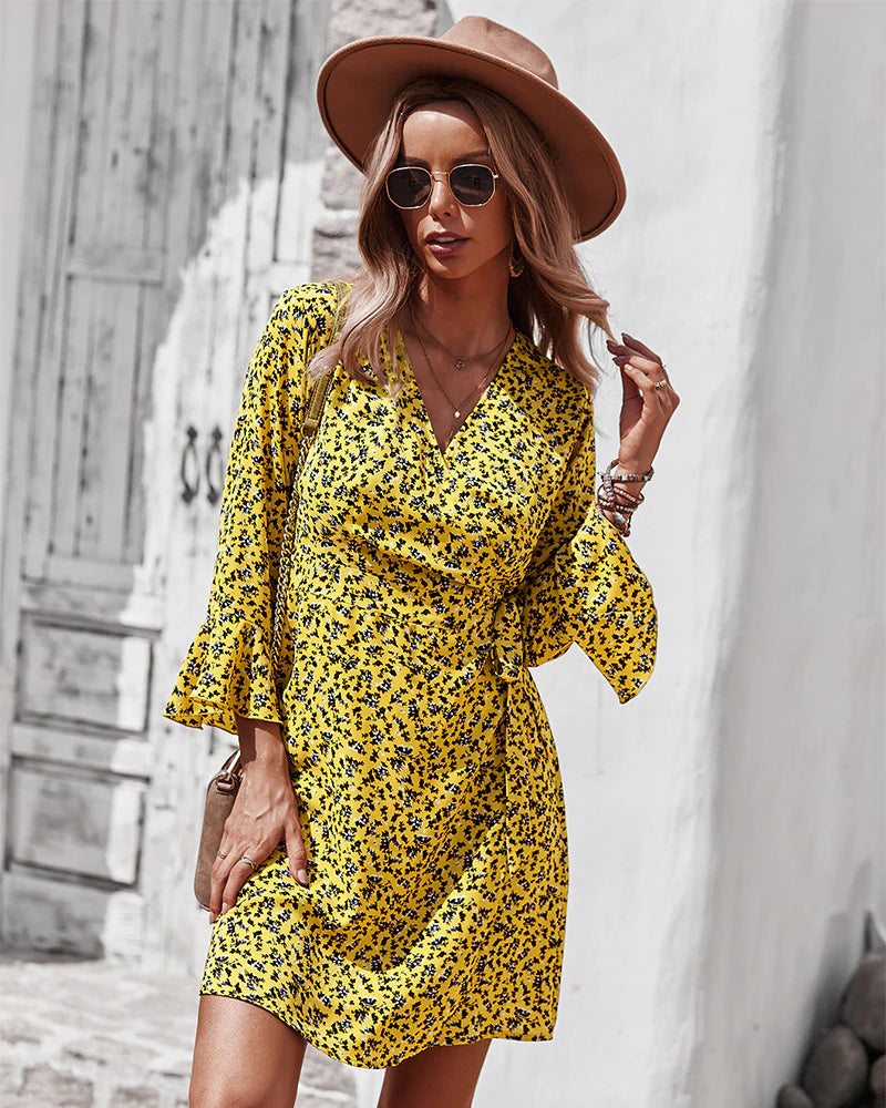 Floral Surplice V-Neck Long-Sleeve Wrap Mini Dress 6