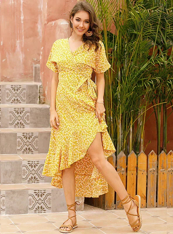 Floral Wrap V-Neck Flutter Sleeve High Low Midi Dress 3