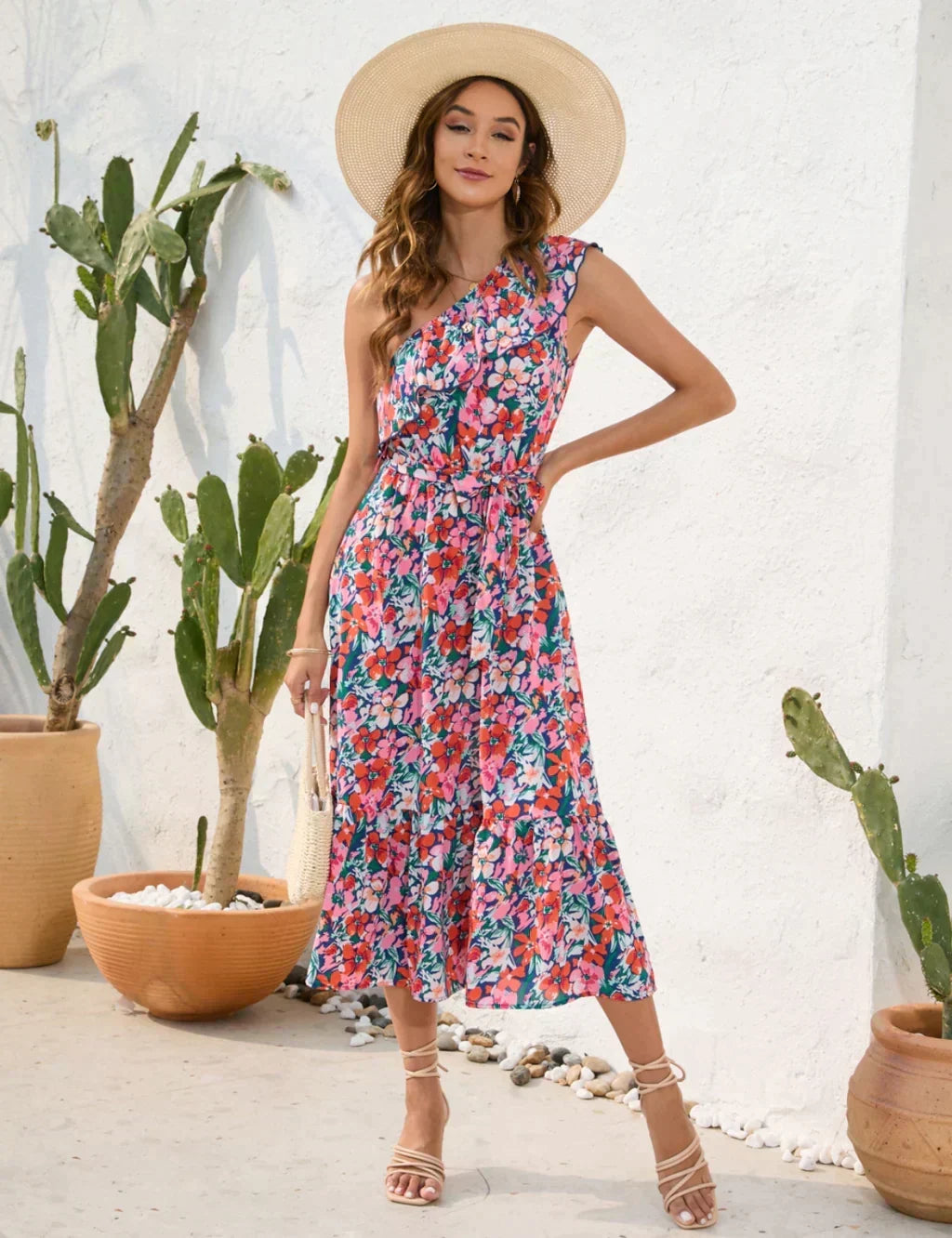 Floral One Shoulder Ruffle Tiered Midi Dress