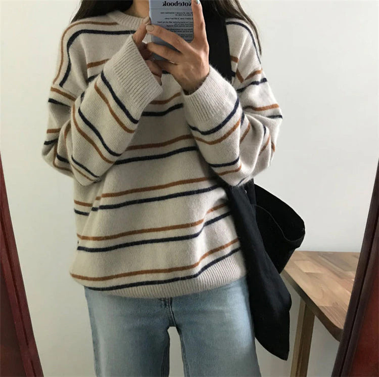KittenAlarm - Loose O-Neck Knitted Striped Sweater