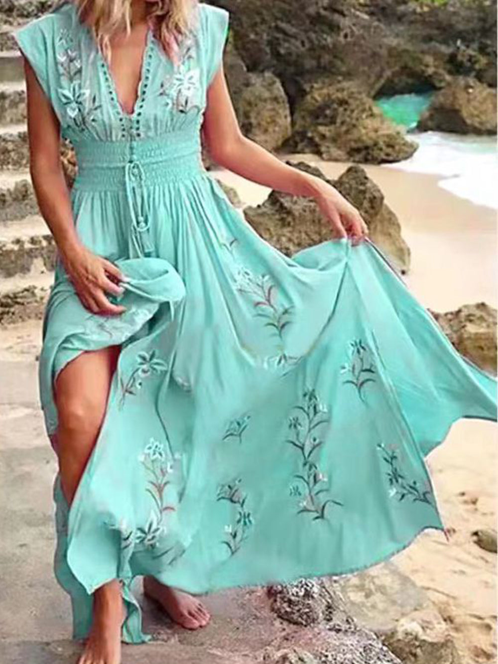 V Neck French Beach Boho Print Dress - Fashionpara