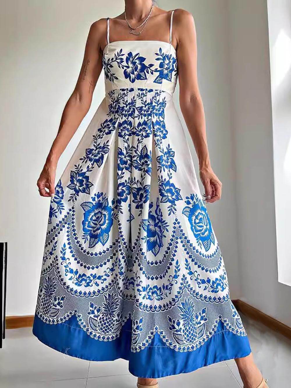 Floral Border Print Square Neck A-Line Maxi Dress