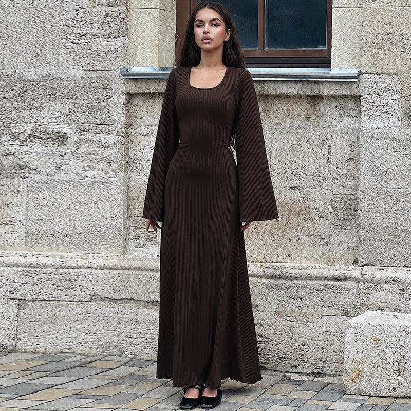 Ribbed Scoop-Neck Flared-Sleeve Column Maxi Dress