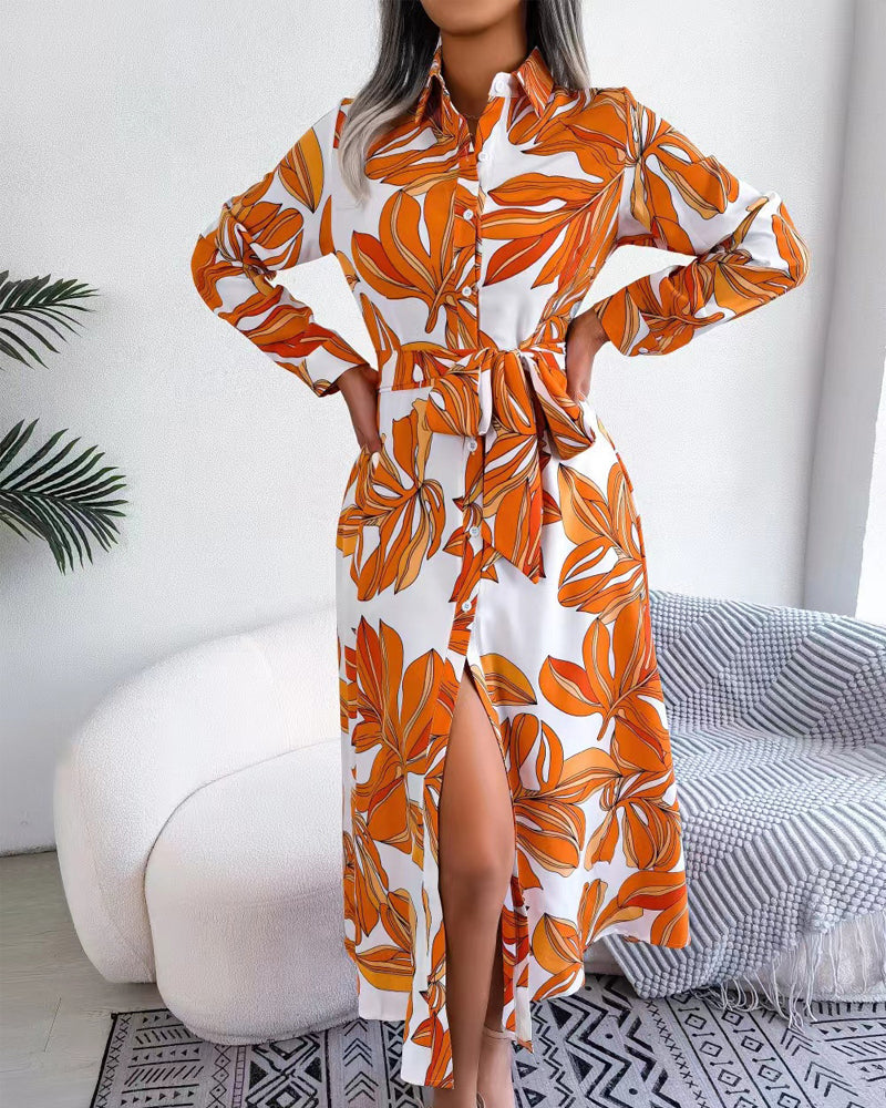 Floral Print Lapel Shirt Dress with Contrast 12