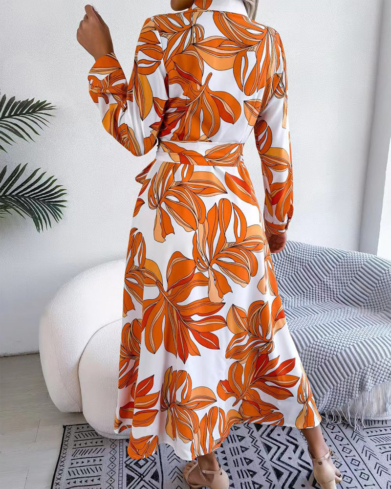 Floral Print Lapel Shirt Dress with Contrast 15