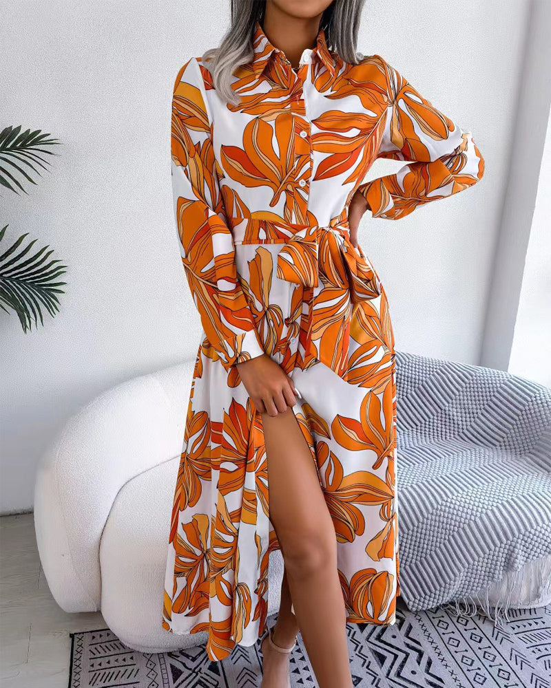 Floral Print Lapel Shirt Dress with Contrast 13