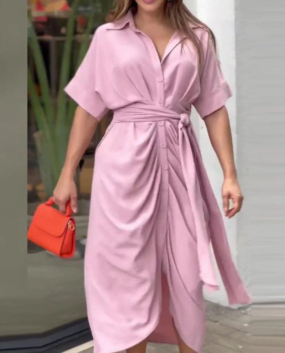 Satin Collared Short-Sleeve Belted Wrap Midi Dress