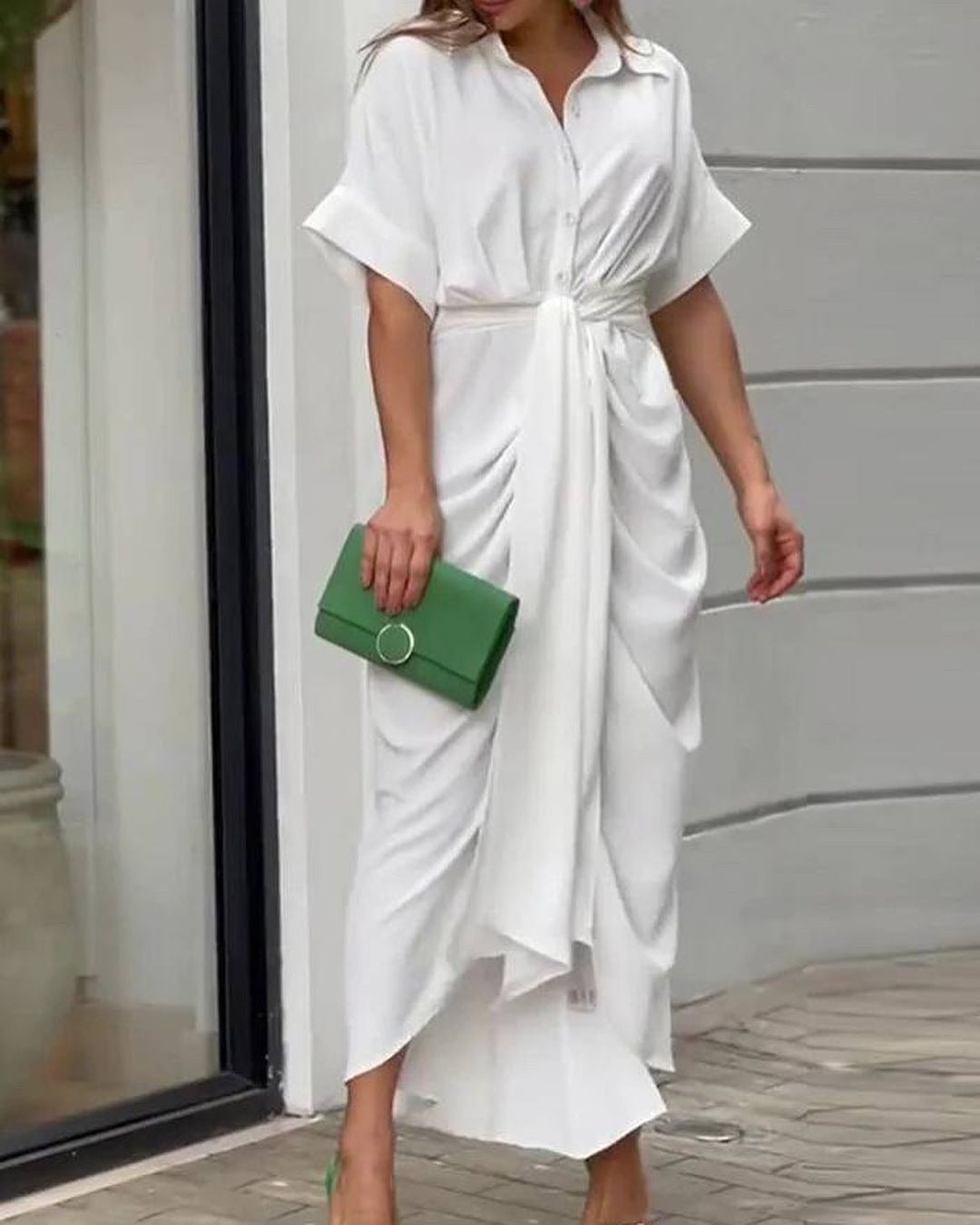 Collared Short-Sleeve Button-Front Wrap Maxi Dress