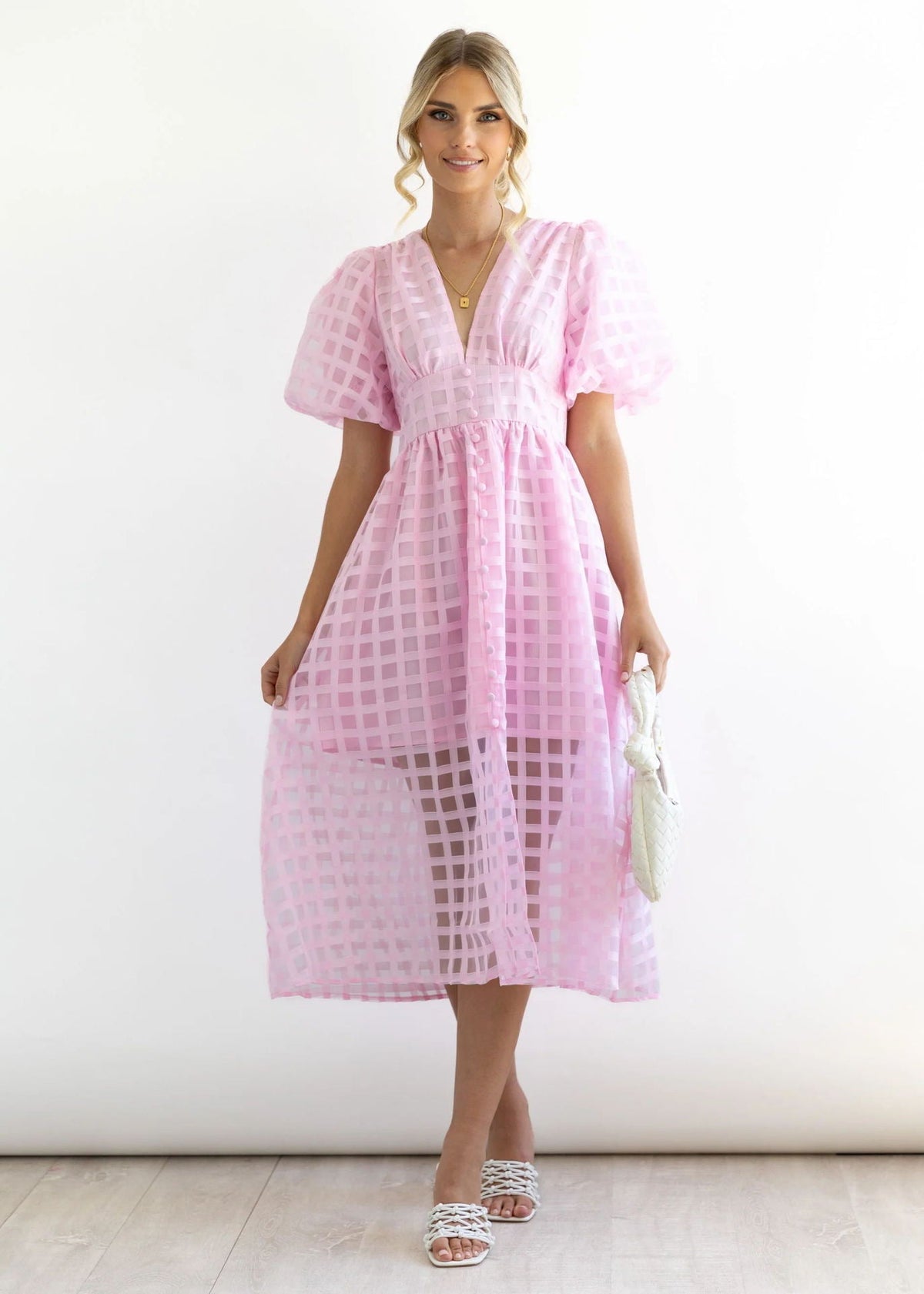 Grid Organza V-Neck Puff-Sleeve Button-Front Midi Dress