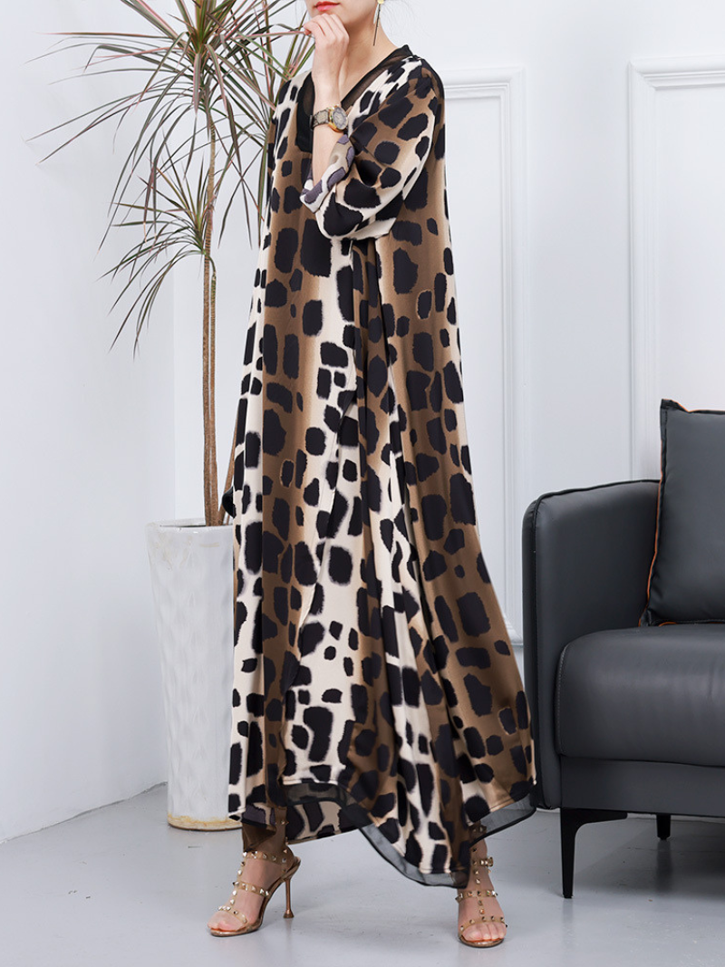 Leopard Print V-Neck Long Sleeve A-Line Maxi Dress 2