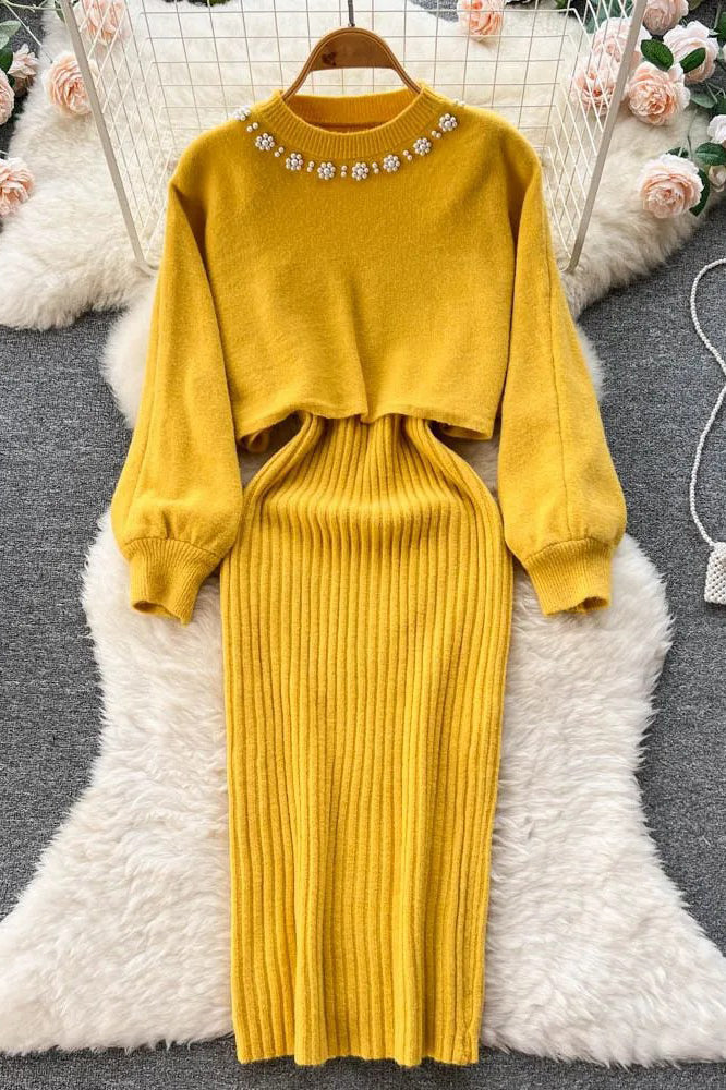 Elegant Pearl Knitted Sweater and Strap Dress Two Piece Set
