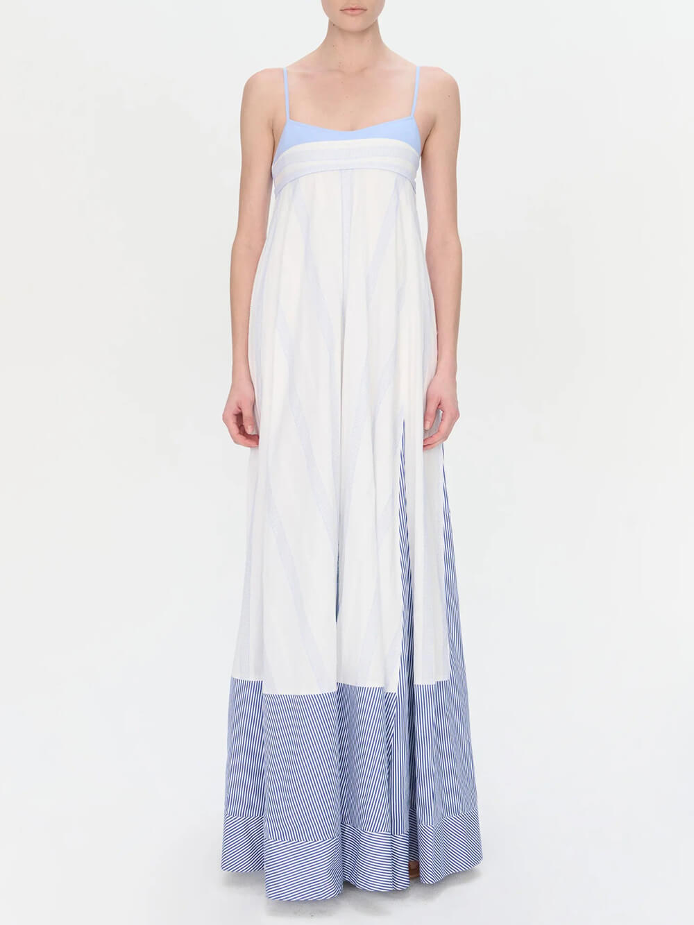 Elegant Suspender Contrast Patchwork Striped Hem Dress - Fashionpara