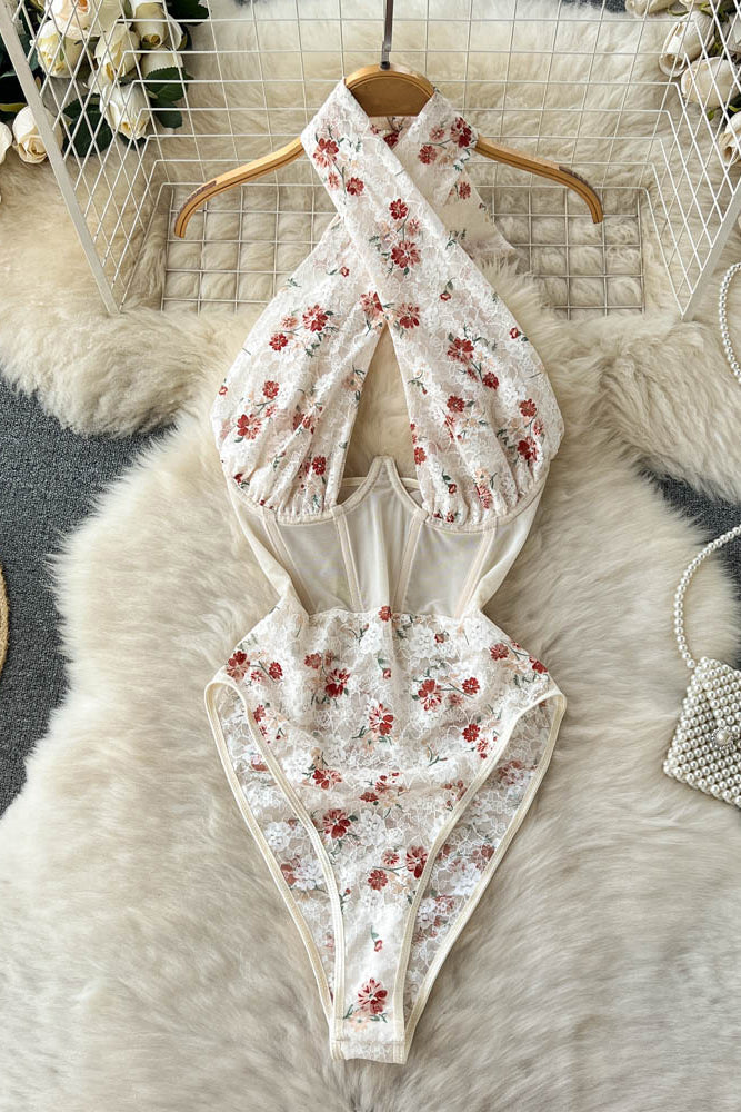 Tops Floral Print Lace Stitching Bodysuits Skinny Femme Jumpsuit