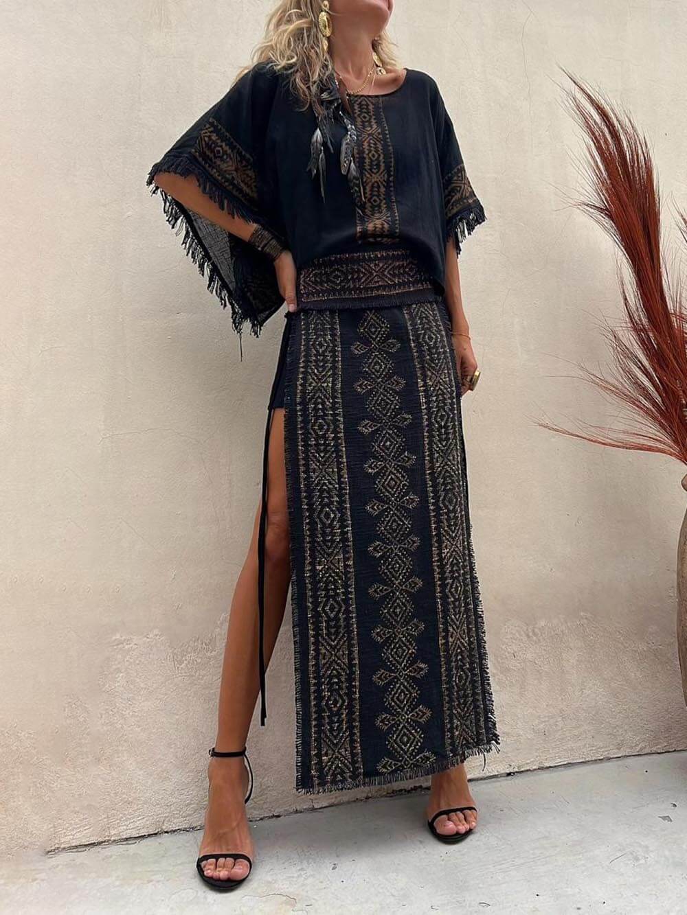 Ethnic Print Patchwork Side Lace-Up Maxi Skirt - Fashionpara