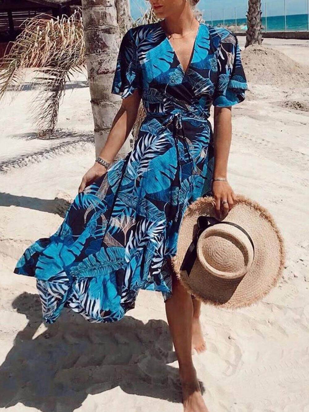 Palm Leaf Print Wrap Over Midi Dress - Fashionpara