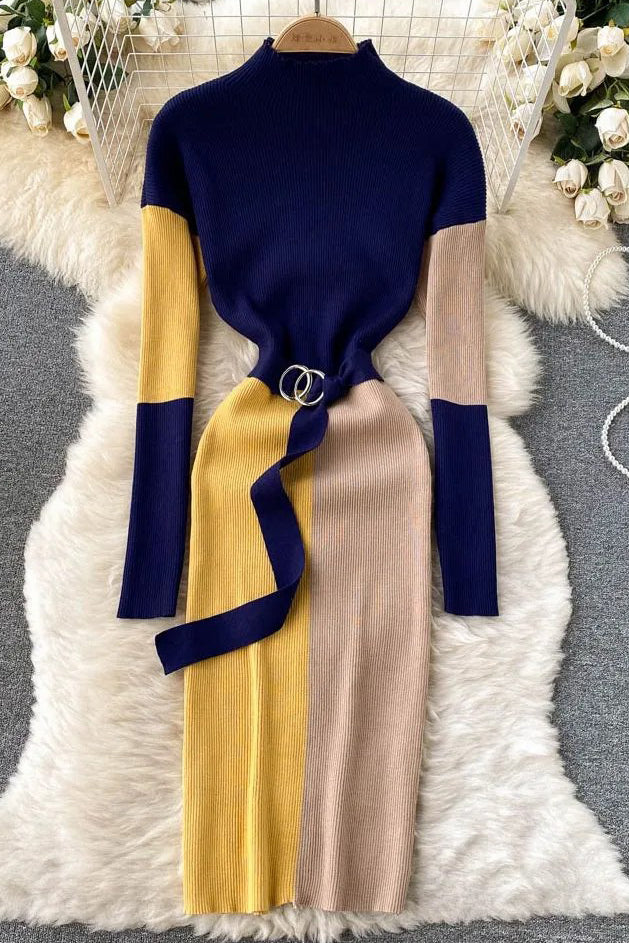 Elegant Knitted Patchwork Sweater Dress with Belt