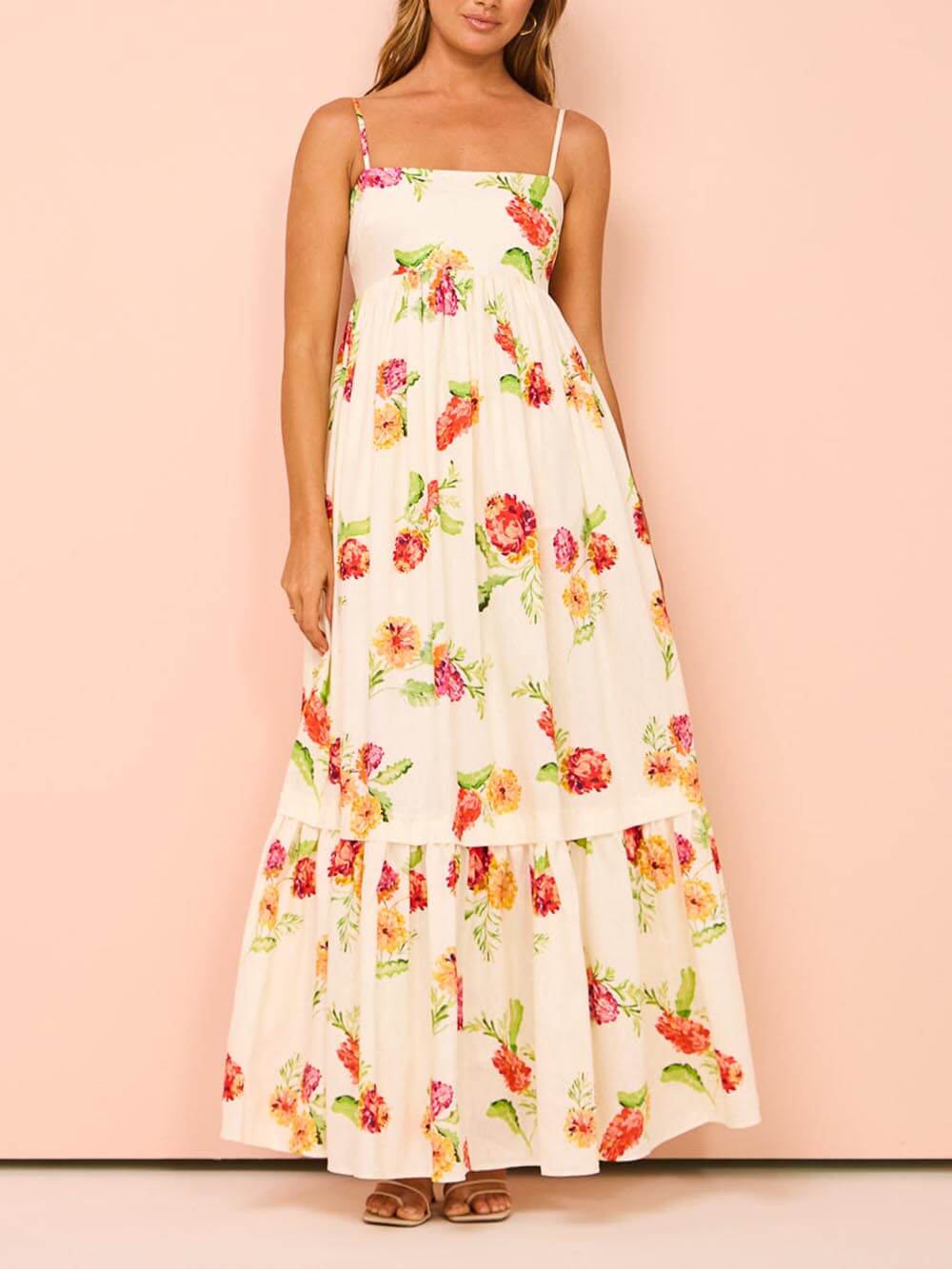 Floral Print Square Neck Sleeveless Tiered Maxi Dress 2
